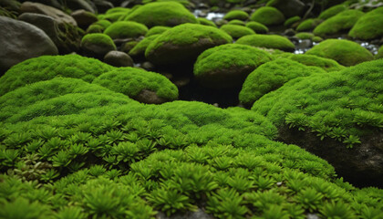 Enchanting moss blankets the rugged stones by the forest river