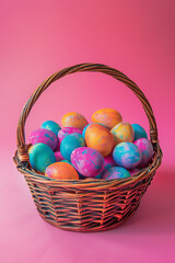a wicker basket contains bright dyed easter eggs on a