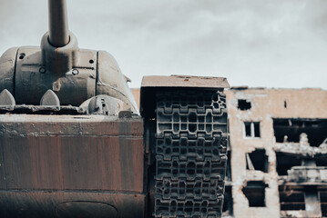 military tank on a city street in Ukraine