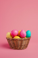 Fototapeta na wymiar a wicker basket contains bright dyed easter eggs on a