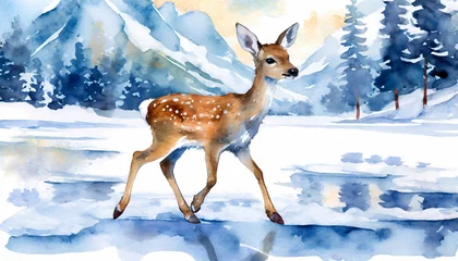 Rolgordijnen little deer fawn on the ice and in the forest, watercolor drawing for children © Gabriella88