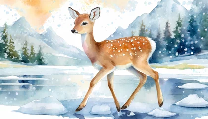 Tuinposter little deer fawn on the ice and in the forest, watercolor drawing for children © Gabriella88