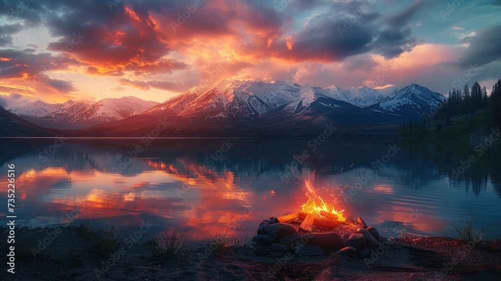 Wall mural Twilight campfire at high snow capped mountains in most beautiful multi colored sky in mountain lake landscape. Generative AI.