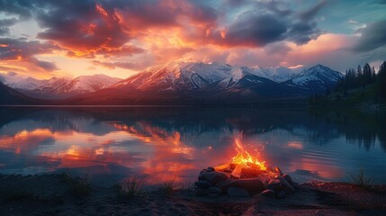 Twilight campfire at high snow capped mountains in most beautiful multi colored sky in mountain lake landscape. Generative AI.