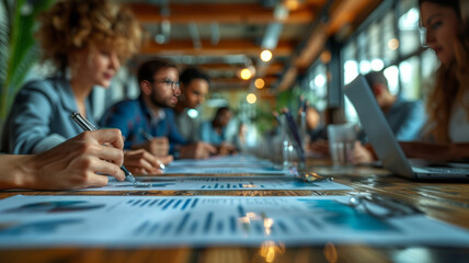 close up The multi-racial diverse group of people working with paperwork on a board room table at a business presentation,generative ai