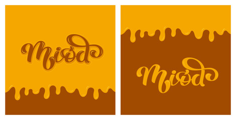 Vector Illustration with letters Miód (means Honey in Polish) on tasty liquid yellow background - obrazy, fototapety, plakaty