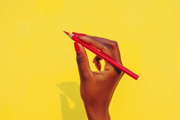 a womans hand holding a red pencil above yellow backg - obrazy, fototapety, plakaty