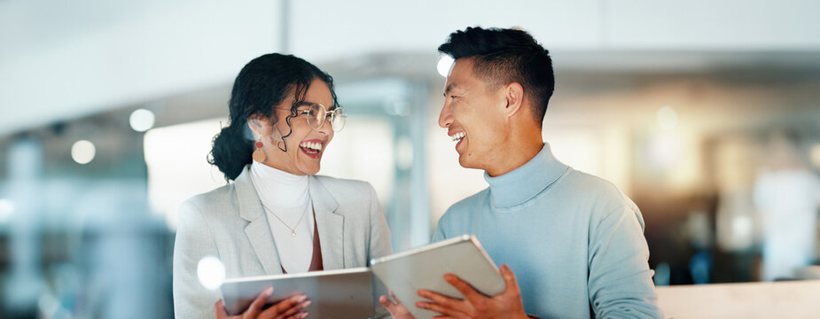 Friends, collaboration and happy with work on tablet, technology and digital transformation for business. Diverse team, professional and strategy with development, website design and ui, ux interface - Powered by Adobe