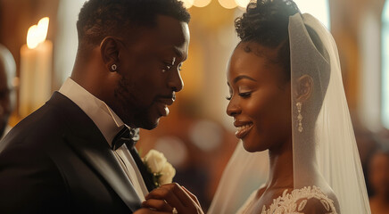 Wedding ceremony of a black couple getting married by a black priest in a chapel. Generative AI. - Powered by Adobe