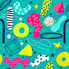 Neon abstract various shapes and lines seamless pattern. Bright electric colors textured silhouettes modern art illustration