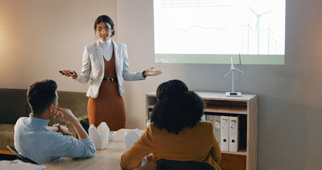 Speaker, woman and presentation with clean energy, seminar or research with corporate training,...