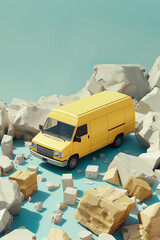 a yellow delivery van is sitting on blocks that have 