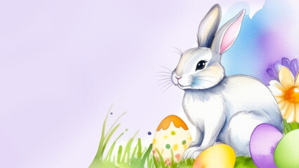 Easter bunny and colored eggs. Copy space. Beautiful watercolor Easter greeting card for your design. Spring mood