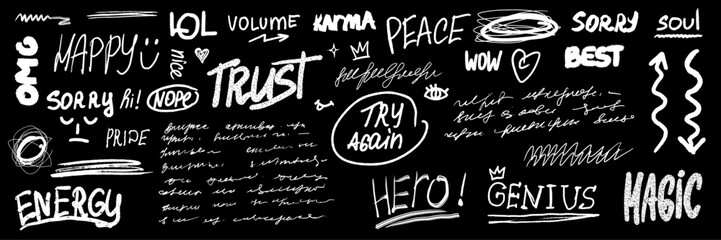 Doodle word scribble set, hand drawn sketch icon vector messy handwriting lettering collection. Pencil ink wall inscription comic emotion sign inscription texture emphasis elements. Simple doodle word