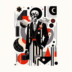 black silhouette of a skeleton dressed as a clown, surrounded by various shapes and doodle brushstroke element