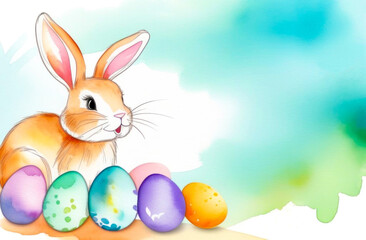 Fototapeta na wymiar Easter rabbit and colored eggs. Copy space. Beautiful watercolor Easter greeting card for your design. Spring mood