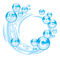 Multi Vitamin complex icons. Vitamin A, B1, B2, B6, B9, B12, C, D, E, K, PP, Mg, Si, Fe, Zn, Cu multivitamin supplement logo, isolated white background. Medical image. Bubbles. Vector illustration.  