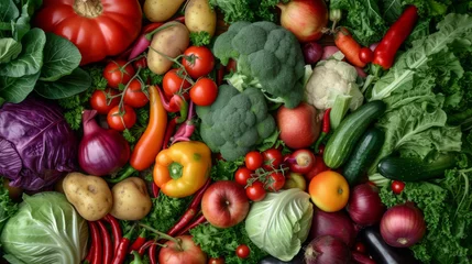  A vibrant, colorful assortment of fresh vegetables including tomatoes, carrots, bell peppers, and leafy greens, representing a healthy and nutritious selection of produce. © MP Studio