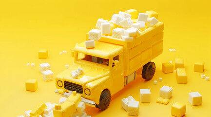 a yellow truck covered with blocks laying on a yellow