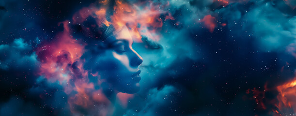 portrait de femme de profil avec double exposition et nébuleuse et nuages de gaz galactique autour - obrazy, fototapety, plakaty