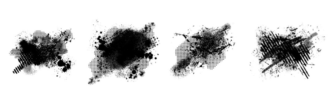 Grunge brushstroke set, ink splatter black stain, vector paint kit, halftone graffiti texture splash. Abstract dirty blob, messy shape drawing collection isolated on white. Grunge brushstroke print