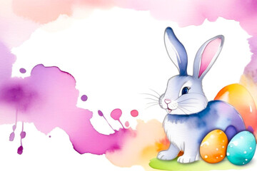 Easter bunny and colored eggs, white background. Copy space. Beautiful Easter card, watercolor style. Easter greetings, spring. For your design