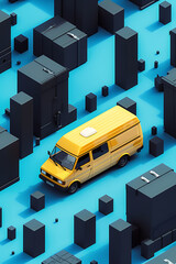 a yellow van is parked on a blue background with blac