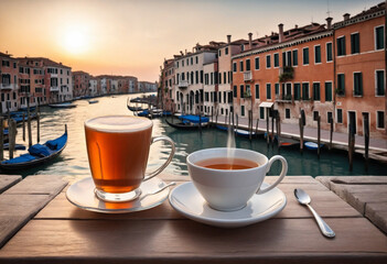 Fototapeta na wymiar Beverage on blurred Venetian canal background