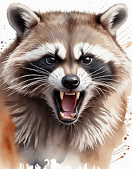 Obraz premium Furious raccoon art in watercolor on white, depicting anger and emotions, self-control idea.