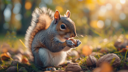 A funny squirrel nibbles on a nut in an autumn park.