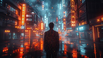 Fototapeta premium Man wearing wiring diagrams tuxedo in the street at night in a futuristic city with neon lighting. Generative AI.