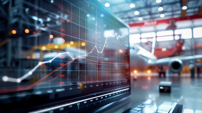 écran de contrôle avec courbe qui monte dans un hangar de fabrication d'avion - Powered by Adobe