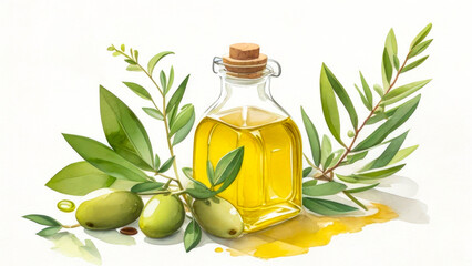 Olive oil banner, white background, copy space. Olive oil in a glass bottle and olive branches with leaves. Watercolor illustration