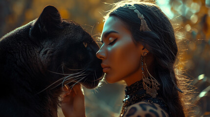 A beautiful woman and a black panther. Totem. Familiar.