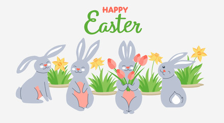 Happy Easter horizontal banner with cute bunnies in various poses among spring flowers. A template for a festive banner on a light background.
