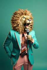 lion wearing a suit using a microphone - 735229385