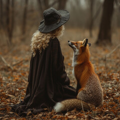 A witch walks with a fox in the forest.
