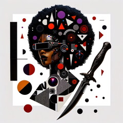 Afrofuturist illustration featuring a cyber female figure with a dagger, primarily in black color, isolated on a white background.