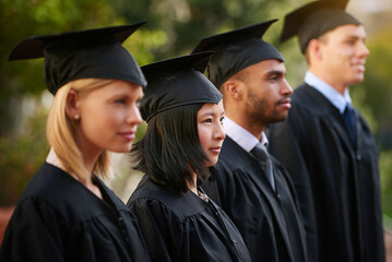 Face, graduation and woman student in line with friends at outdoor ceremony for college or university. Education, scholarship or achievement with graduate men and women at academic school event