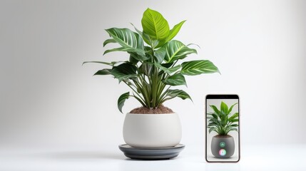 plant pot with lush green foliage, connected to a smartphone app for automated plant care, combining technology and nature for modern living spaces, Smart Planter