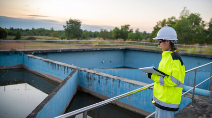 Obraz premium Environmental engineers work at wastewater treatment plants,Water supply engineering working at Water recycling plant for reuse