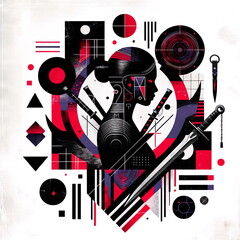 black silhouette of a cybernetic female figure holding a dagger, surrounded by various shapes and doodle