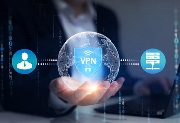 Remote server with private internet network technology to protect privacy of personal data. VPN...