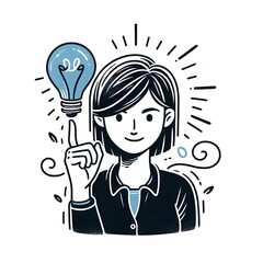 A hand-drawn doodle style illustration of a young, positive woman with a lamp above her head and pointing her finger upwards