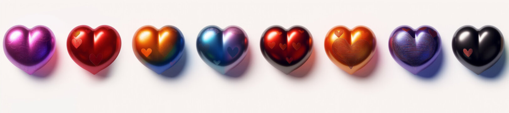 Lovely 3d render of a set of colorful heart shapes, shiny colored hearts with little hearts pattern on white background with shadow, cute page decoration object with love symbol in vivid happy colors 