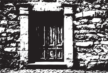 Old brick wall with boarded up wooden boards window. Wall of an abandoned ruined building
