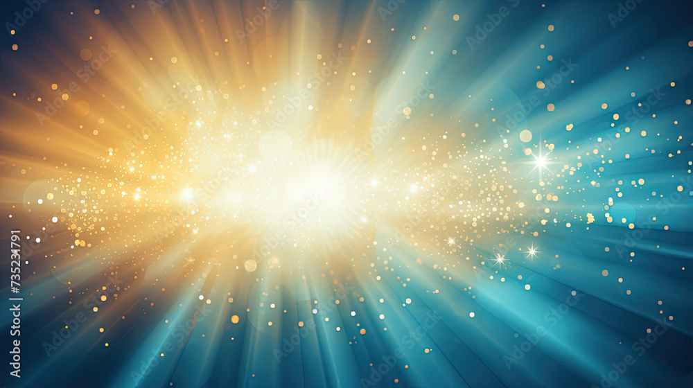 Poster abstract backgound with blue and orange light rays. god rays or light burst with bokeh.
