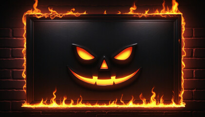 Glowing Hell logo with flames on wall background