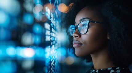 Businesswoman actively follows business news data through a virtual reality interface, utilizing advanced technology for immersive and interactive tracking of business information.