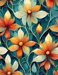 Fototapeten Floral Pattern, vintage, Retro, Green, orange, white © Gabriella88